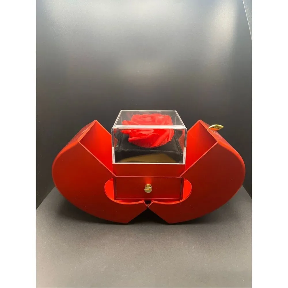 Red Apple Faux Rose Large Gift Box Gold Tone Cubic Zirconia Love Knot Necklace